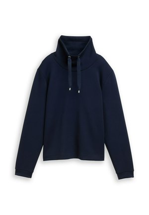 Marineblauwe pullover trui met een hoge kraag, verstelbare koordjes en een ribbelstructuur. Heeft brede mouwen en een cropped ontwerp.