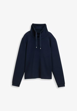 Marineblauwe pullover trui met een hoge kraag, verstelbare koordjes en een ribbelstructuur. Heeft brede mouwen en een cropped ontwerp.