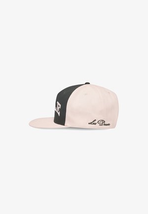 Cap with a black front panel and light pink brim. Features white lettering and "Leo Deux" embroidered in cursive on the side.