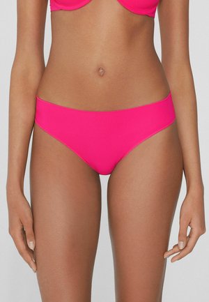 Helle rosa Bikiniunterteile aus einem glatten, dehnbaren Stoff. Verfügt über ein tief sitzendes Design und nahtlose Kanten für Komfort. Keine Muster oder Beschläge.