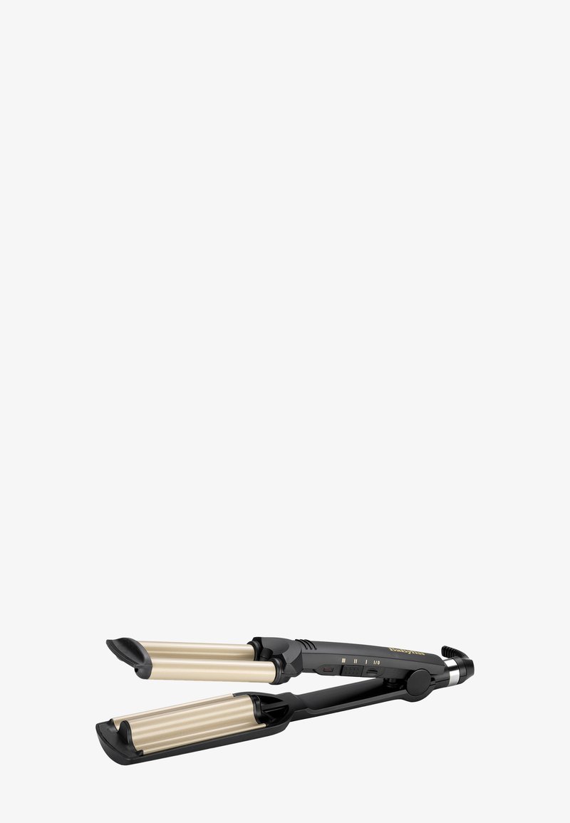 Czarna prostownica do włosów z złotymi ceramicznymi płytkami, zaokrąglonymi krawędziami i teksturowanym uchwytem. Posiada regulację temperatury i wskaźnik zasilania.