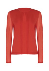Blusa rossa con maniche lunghe trasparenti, scollatura rotonda e design frontale plissettato, realizzata in un tessuto leggero e liscio.