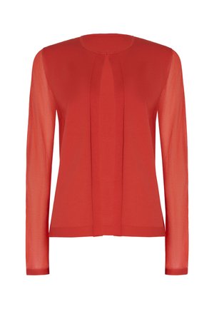 Blusa rossa con maniche lunghe trasparenti, scollatura rotonda e design frontale plissettato, realizzata in un tessuto leggero e liscio.