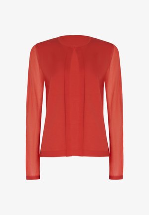 Röd blus med långa genomskinliga ärmar, rund halsringning och en plisserad frontdesign, i ett mjukt och lätt tyg.