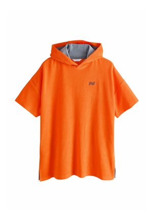 Orange hooded t-shirt made of soft fabric. Features short sleeves, a contrasting gray interior, and a small embroidered accent.