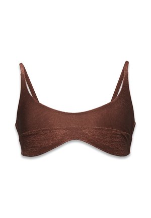 Top de bikini maro cu bretele subțiri, textură netedă și un design simplu, curbat. Fără embellishments sau modele vizibile.