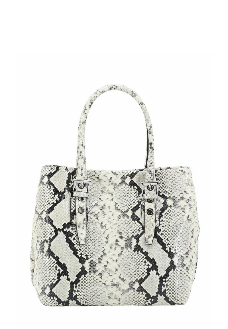 Sac fourre-tout à motif serpent en blanc et gris, avec deux poignées structurées, des accents en métal et une forme rectangulaire.
