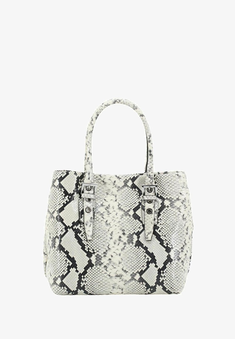 Sac fourre-tout à motif serpent en blanc et gris, avec deux poignées structurées, des accents en métal et une forme rectangulaire.