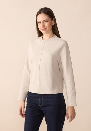 Sweatshirt gris clair à manches longues, col ras du cou et détail de couture centrale. Associé à un jean bleu foncé, avec une coupe droit.
