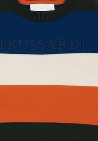 Maglione lavorato a maglia con righe orizzontali in blu navy, bianco, arancione e nero. Presenta il logo del marchio "TRUSSARDI" in rilievo di colore blu scuro sulla parte anteriore.