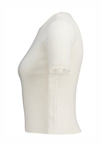 White ribbed knit short-sleeve top with a fitted design, featuring a round neckline and subtle textured pattern throughout.