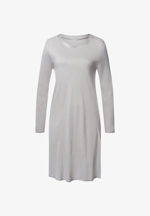 Lichtgrijze jurk met lange mouwen en een ronde hals, gemaakt van soepel, zacht materiaal. Heeft een knie-lange snit en een eenvoudige silhouet.