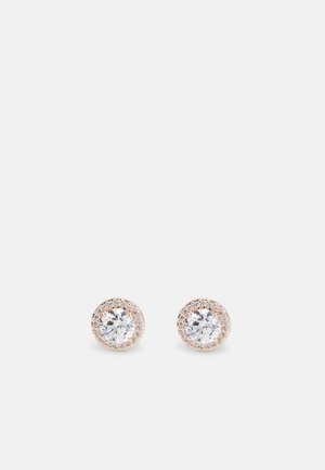 Rose gold oval stud earrings featuring a central round clear gemstone surrounded by a circle of smaller clear stones. Smooth finish.