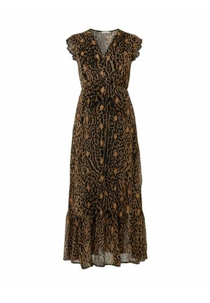 Robe longue à imprimé animal marron et noir, avec un décolleté en V, des manches volantées et un ourlet à volants en tissu transparent.