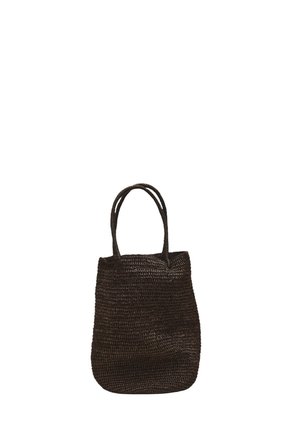 Black woven tote bag with two handles, medium size, simple design, and flexible texture against a white background.