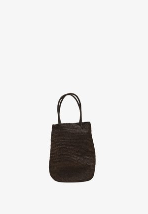 Black woven tote bag with two handles, medium size, simple design, and flexible texture against a white background.