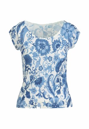 Blouse blanche à manches courtes pour femmes, avec motifs floraux et de feuilles bleus, col arrondi et taille cintrée.