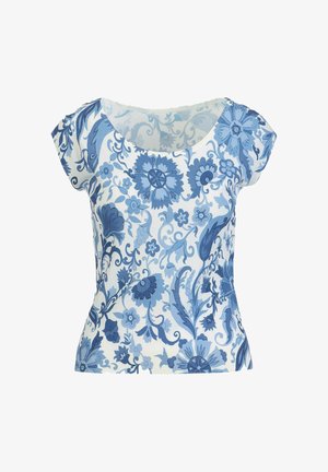 Dames witte blouse met korte mouwen, blauw bloem- en bladmotief, ronde halslijn en getailleerde taille.