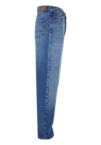 Raka blå denimjeans med en urtvättad ytfinish, en bakficka och en sydd midja, med en brun läderlapp baktill.