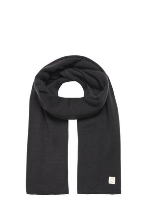 Schwarzer Strickschal mit einem schlichten Design, weichem Material und einem kleinen Markenlabel an einem Ende. Ideal, um in kälterem Wetter warm zu bleiben.