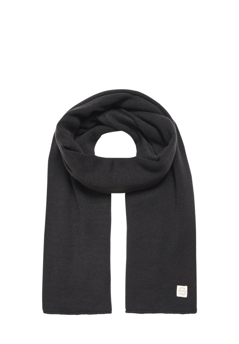 Sciarpa nera in maglia con un design semplice, texture morbida e un piccolo etichetta di marca su un'estremità. Ideale per tenere caldo nelle giornate più fredde.