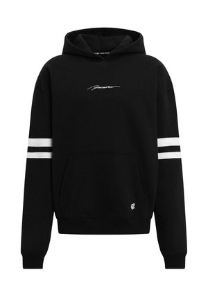 Sort hætte sweatshirt med hvide striber på ærmerne, frontlomme og broderet logo. Lavet af blødt stof, afslappet pasform.