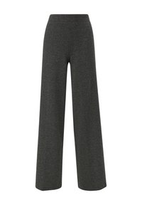 Kalhoty s širokými nohavicemi vyrobené z texturované tmavě šedé látky, s vysokým elastickým pasem a čistým, minimalistickým designem.