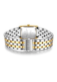 Reloj de acero inoxidable con caja rectangular, acentos en oro y una pulsera bicolor que presenta eslabones de plata y oro. La vista trasera muestra los detalles del cierre.