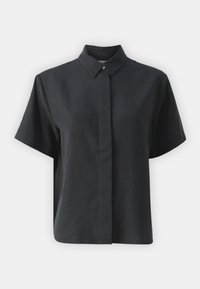 Kortærmet sort skjorte med knapper og klassisk krave, lavet af et glat stof, med lige snit og minimalistisk design.