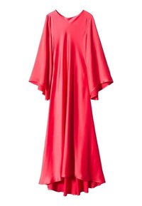 Robe longue et fluide de couleur corail vif, faite d'un tissu lisse. Elle présente des manches larges et évasées ainsi qu'un col arrondi. L'ourlet tombe en dessous des genoux.