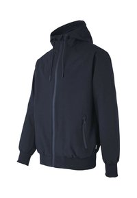 Navy hooded jacket made of soft fabric, featuring a front zipper, elastic cuffs and hem, and a side zippered pocket.