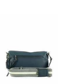 Sac bandoulière en cuir bleu avec une poche zippée, doté d'une sangle crème et grise à motifs. Texture lisse et forme rectangulaire.