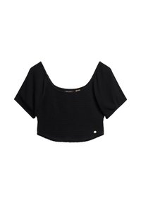 Sort cropped top med firkantet halsudskæring, korte puffærmer og et struktureret stof. Har en lille logo detalje ved kanten.