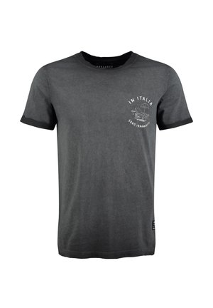 Graues T-Shirt aus Baumwolle mit Rundhals, kurzen Ärmeln und schwarzen Akzenten. Mit einem weißen Grafikdruck auf der Vorderseite.