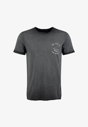 Graues T-Shirt aus Baumwolle mit Rundhals, kurzen Ärmeln und schwarzen Akzenten. Mit einem weißen Grafikdruck auf der Vorderseite.