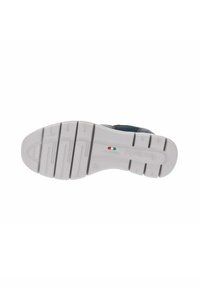 Sneaker with a dark blue upper, white rubber sole, featuring horizontal grooves and textured accents; Italian flag detail embossed on sole.
