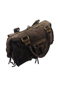 Sac en daim marron avec des zips dorés, deux poignées tressées et une poche zippée à l'avant, photographié sur un fond blanc.