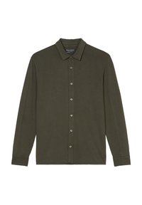 Long-sleeve olive green polo shirt in soft fabric with a classic collar, button-up front, and subtle stitching detail on hem.