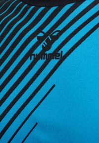 Blå sportströja med svarta horisontella och diagonala ränder. Har en svart logotyp av "hummel" nära halsen. Flexibelt, texturerat tyg.