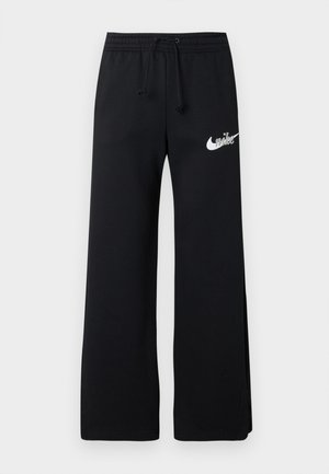 Čierne tepláky z jemného materiálu s elastickým pásom so šnúrkou a bielym logom Nike na ľavej strane.