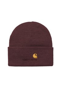 Burgundy knit beanie with folded cuff featuring a small yellow Carhartt logo embroidered at the front center.