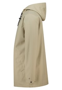 Beige waterproof jacket with a hood, side pocket, and snap closure at the cuffs. Smooth texture and minimalistic design.