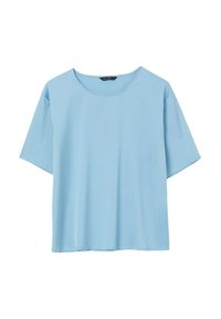 T-shirt a maniche corte blu chiaro realizzato in tessuto morbido. Collo rotondo, vestibilità comoda e design semplice senza motivi o decorazioni.