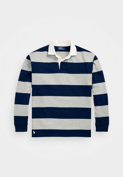 Navy and gray striped long-sleeve polo shirt with a white collar and placket; features a small logo on the lower hem. Cotton material.