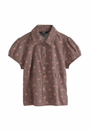 Hnedá blúzka s krátkym rukávom, malým ružovým kvetinovým vzorom, zapínanie na gombíky vpredu, nafúknuté rukávy a klasický golier.