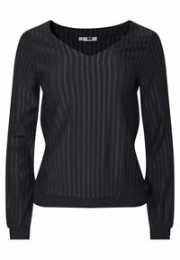 Svart stickad tröja med långa ärmar, V-ringning, med vertikalt ribbat mönster och figurnära nederkant.