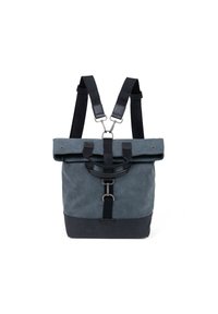 Rugzak van gestructureerd donkerblauw canvas met zwarte accenten, voorzien van verstelbare schouderbanden, een oprol-sluiting en een metalen sluiting. 