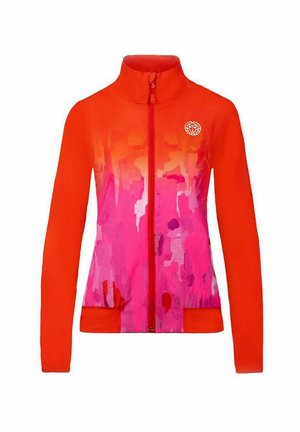 Giacca sportiva con zip in un vivace gradiente di rosso e rosa. Presenta un colletto alto, una cerniera frontale e un tessuto testurizzato con motivi astratti.