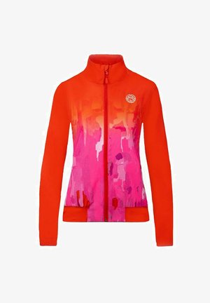 Chaqueta deportiva con cremallera en un vibrante degradado de rojo y rosa. Presenta un alto cuello, cremallera delantera y un tejido texturizado con patrones abstractos.