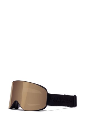 Brown-tinted oversized ski goggles featuring a black elastic strap with "HAWKERS" embossed. Lens has a smooth, reflective surface.